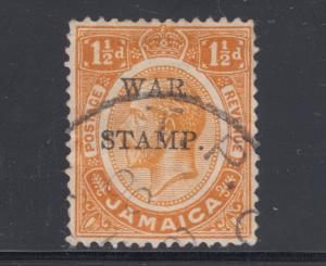 Jamaica Sc MR8 used. 1917 1½p orange KGV, Raised W in WAR overprint variety