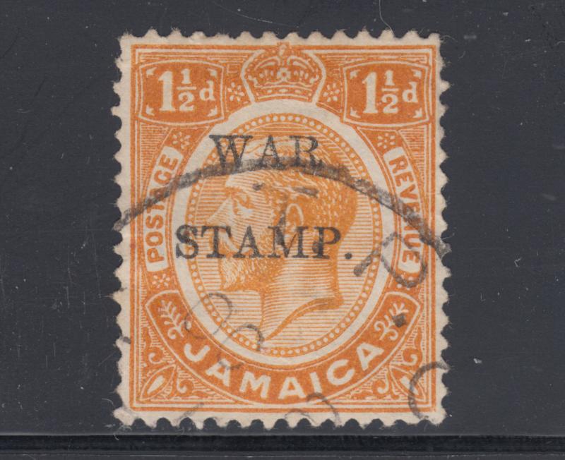 Jamaica Sc MR8 used. 1917 1½p orange KGV, Raised W in WAR overprint variety