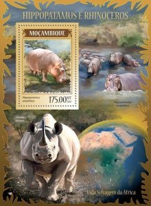 2014 MOZAMBIQUE MNH. HIPPOPOTAMUS AND RHINOCEROS. Michel # 7329 / Bl.905