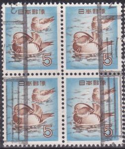 Japan SC #611 Stamp 1955 Mandarin Ducks 5y. block of 4 Used.