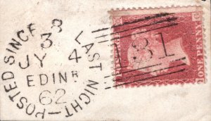 GB Scotland LATE MAIL 1d Red POSTED SINCE 8 DUPLEX (PS8LN) 1862 Edinburgh HPR139