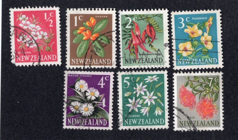 New Zealand 1967 1/2c to 7c Decimal Flowers, Scott 382-388, 390 used