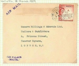 MALTA QEII Official Cover *THE PALACE* Certifying Stamp 1959 Air Mail AD316