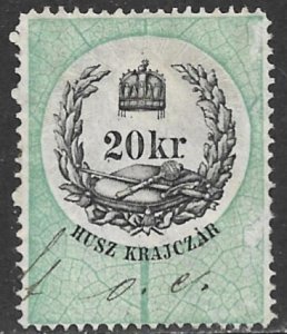 HUNGARY 1868 20kr LEAF DESIGN General Duty Revenue Ordinary Paper BFT.11 Used