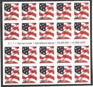 US #3635a, U.S. Flag, Complete Booklet Pane, MNH 