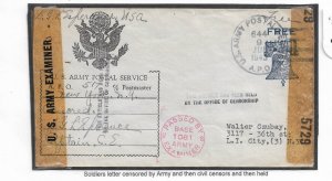 APO 644 to Long Island 1943 Passed by Army Censors, Held by Civil. Cens. (C5155)