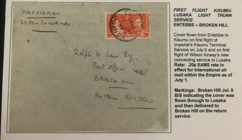 1937 Entebbe Uganda First Flight Cover FFC To Broken Hills Northern Rhodesia