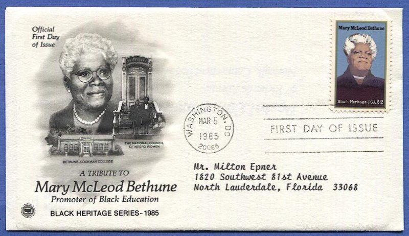 US Sc 2137 1985 Black Heritage 22c Mary McLeon Bethune, Black Educator FDC