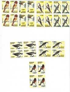 NICARAGUA 1989 BIRDS SET EXHIBITION BRASILIANA 89 SCOTT C1172/9 BLOCKS OF 4