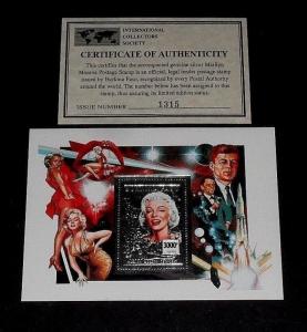 1995, BURKINA FASO,MARILYN MONROE, LIMITED EDITION, SILVER SOUVENIR SHEET, W/COA