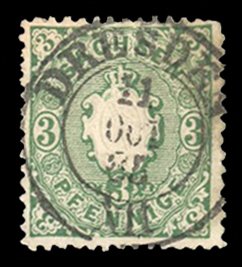 German States, Saxony #15 Cat$40, 1863 3pf blue green, Dresden cancel