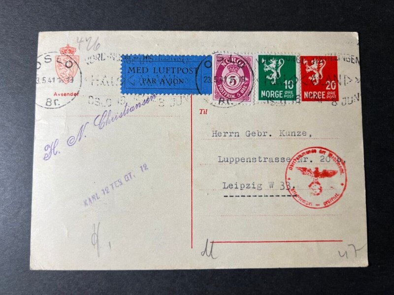 1941 Norway Airmail Postcard Cover Oslo to Leipzig Germany H N Christiansen