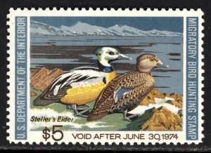 SCOTT RW40 1973 $5 STELLER'S ELDER DUCK STAMP ISSUE MNH OG VF CAT $18!