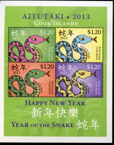 AITUTAKI 2013 YEAR OF THE SNAKE  SCOTT #518  SOUVENIR SHEET MINT NEVER HINGED