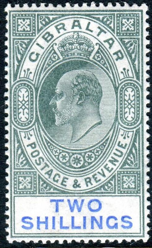 GIBRALTAR-1903 2/- Green & Blue.  A lightly mounted mint example Sg 52