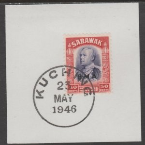 SARAWAK 1945  BMA Overprint on  50c on piece with MADAME JOSEPH  POSTMARK