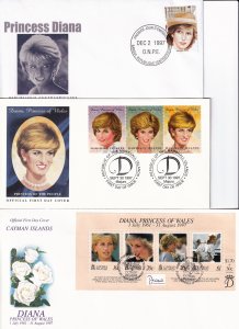 Lady Diana Princess of Wales 3 FDCs Cayman Marshall Central Africa