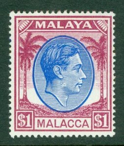 SG 15 Malacca 1949. $1 blue & purple. Lightly mounted mint CAT £22