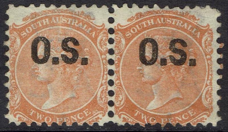 SOUTH AUSTRALIA 1868 QV OS 2D PAIR WMK CROWN/ WIDE SA PERF 10