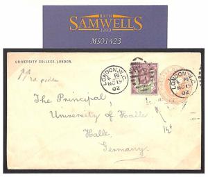 MS1423 1902 UNIVERSITY COLLEGE LONDON QV Penny Pink Uprated KEVII Cover Germany