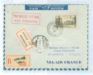 France  1957 Registered airmail cover to Turkey, returned unknown.