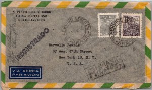 BRAZIL POSTAL HISTORY AIRMAIL REG COVER MULT FRANKING ADDR USA CANC YRS'1940-50