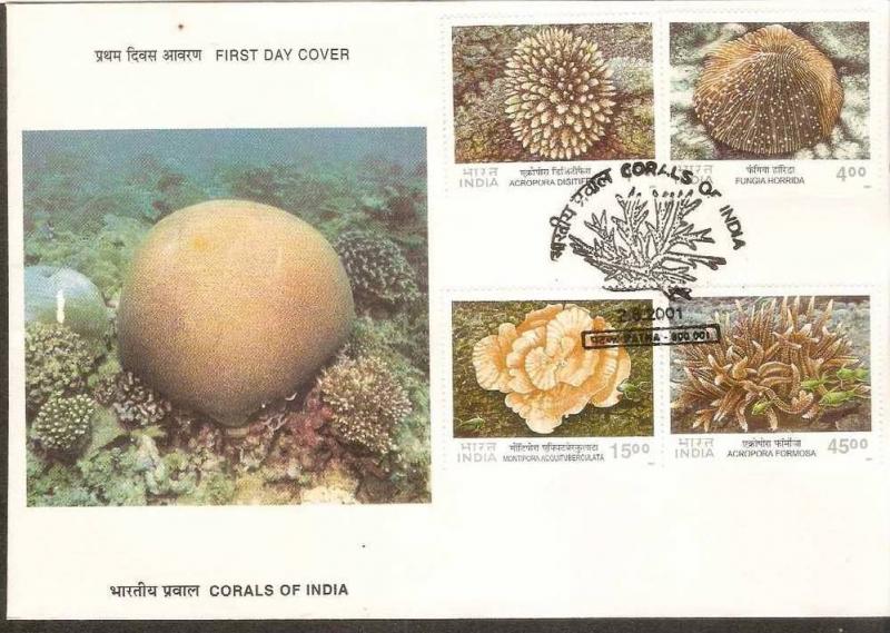 India 2001 Corals of India Marin Life 4v FDC # B1160 Inde Indien