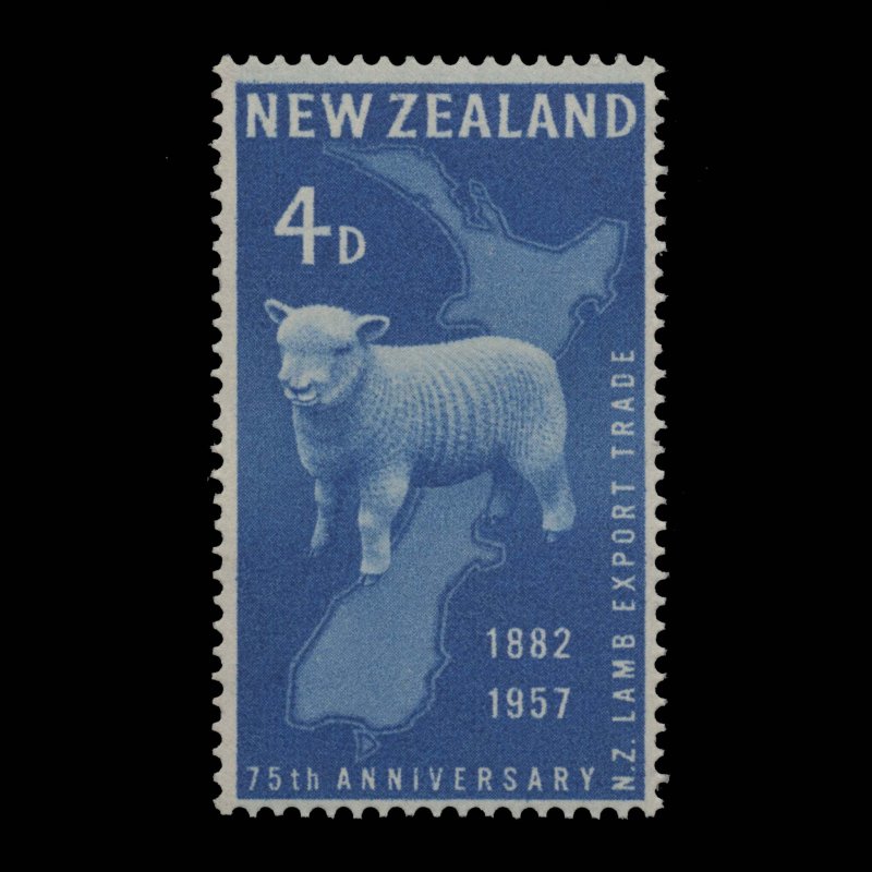 New Zealand 1957 (Variety) 4d Lamb Export Anniversary with sideways watermark ✔️