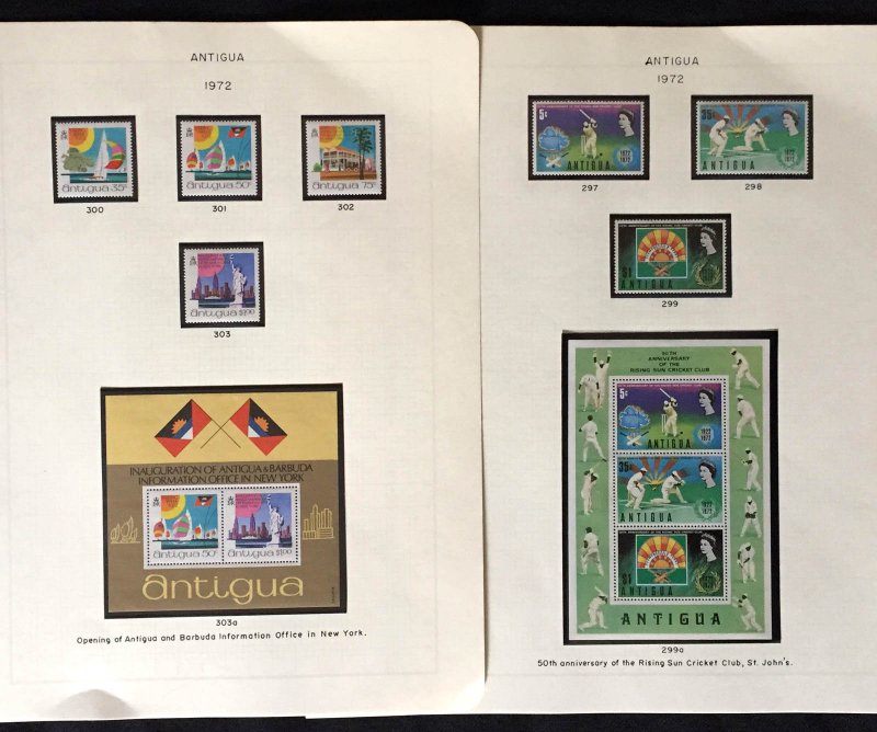 COLLECTION OF ANTIGUA STAMPS FROM 1971-75 IN ALBUM PAGES - ALL MINT NH STAMPS