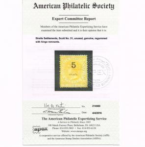 SCARCE GENUINE STRAIGHTS SETTLEMENTS SCOTT #31 MINT APS CERT - ESTATE SALE