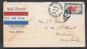 #C23 on OMAHA NE. SEP/15/1939 HOTEL PAXTON AIRMAIL COVER (A1058)