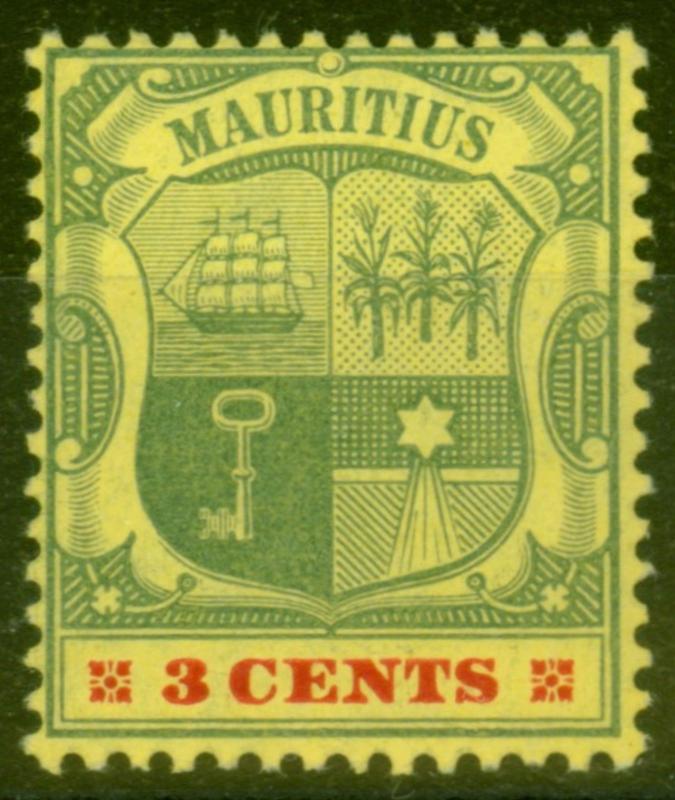 Mauritius 1904 3c Green & Carmine-Yellow SG166 V.F Very Lightly Mtd Mint