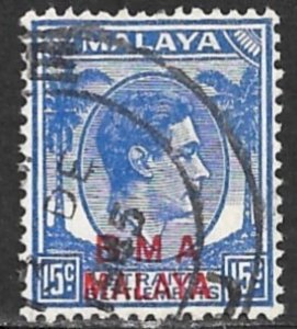 STRAITS SETTLEMENTS BMA MALAYA 1945-48 KGVI 15c Ultramarine Scott No. 265 VFU