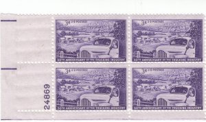 Scott # 1025 - 3c Violet Trucking Industry Issue - plate block of 4 - MH