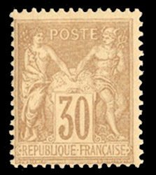 France, 1850-1900 #82 Cat$82.50, 1876 30c yellow brown, lightly hinged