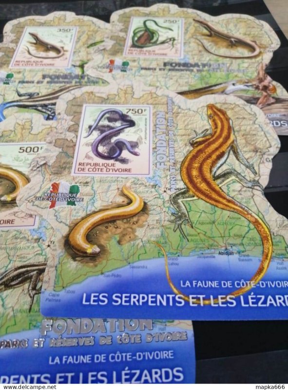 Lx263 Imperf Silver 2014 Ivory Coast Snakes Lizards #1529-2 Uv Cardboard 4Bl Mnh