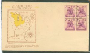 US 837 1938 3c northwest territory celebration, block of 4, on an unaddressed fdc with a grandy cachet