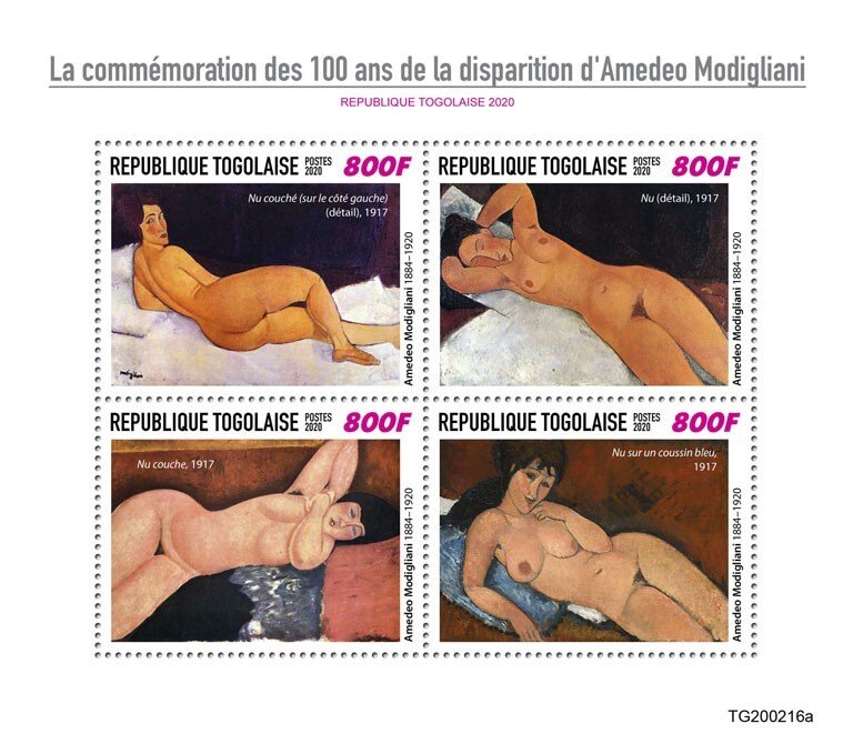 TOGO - 2020 - Amadeo Modigliani - Perf 4v Sheet - Mint Never Hinged