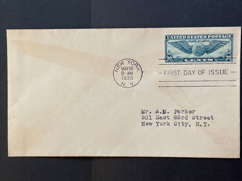 1939 Trans-Atlantic 30-cent Winged Globe Sc# C24 First Day Cover FDC Uncacheted