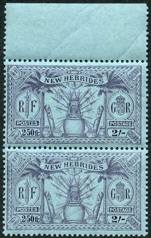 New Hebrides SG50 2/- (2.50FR) U/M Pair (slightly brown gum)