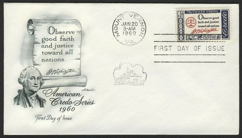 #1139 4c American Credo: Washington, Artmaster-Add. FDC **ANY 5=FREE SHIPPING**