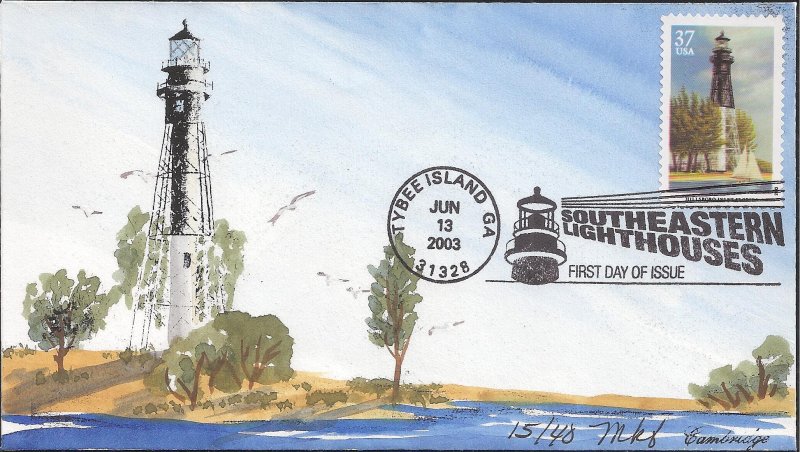 Set of 5 Cambridge Hand Painted FDCs for the 2003 Southeastern Lighthouses Issue