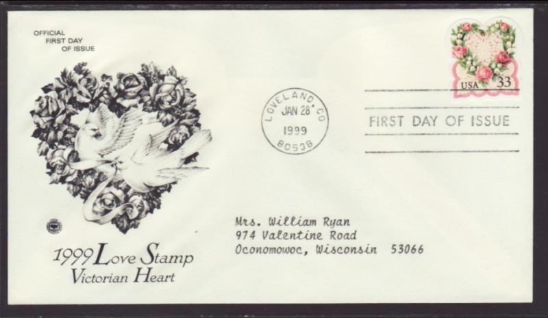 US Love Victorian Heart 1999 PCS Typed FDC BIN