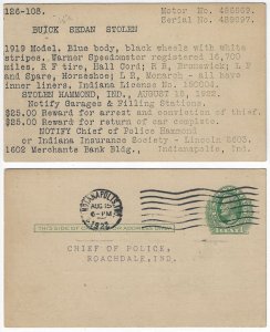 1922 - Police Reward Postcard - Stolen Buick - Ephemera 1175