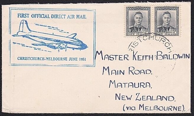 NEW ZEALAND 1951 Christchurch - Melbourne first flight cover.............B1957