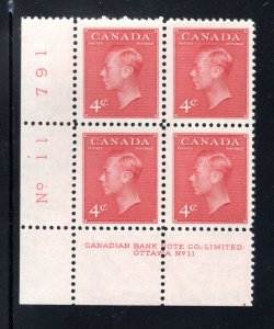 287 Scott - 4c dark carmine, PB11, LL, MNHOG, VF, KGVI Postes/Postage,1949