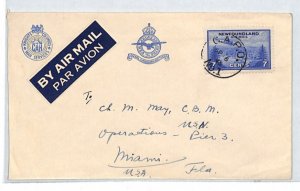 NEWFOUNDLAND Air Mail Cover Military RCAF *CAPO No.1* USA Miami 1945 XJ296
