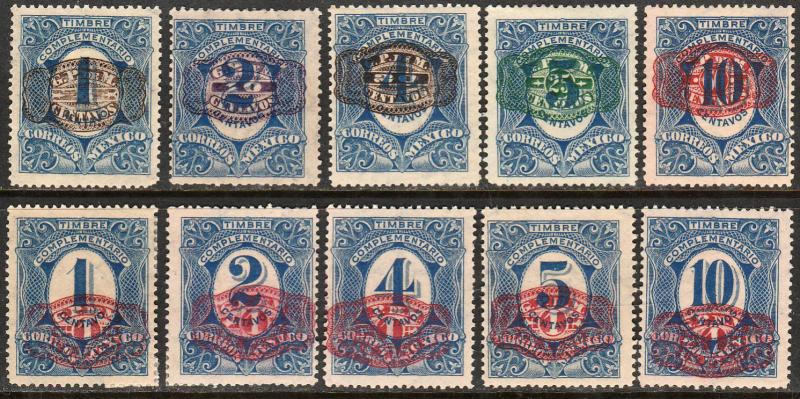 MEXICO 593-602 BARRIL SURCHARGE ON COMPLEMENTARIO SET OF 10. UNUSED, HR OG. F.