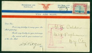 US 1929 First Flight Inauguration night airmail Cleveland to Pittsburgh on card