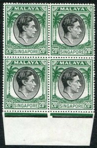 SINGAPORE-1948 20c Black & Green Block of 4 Sg 24 UNMOUNTED MINT V32659